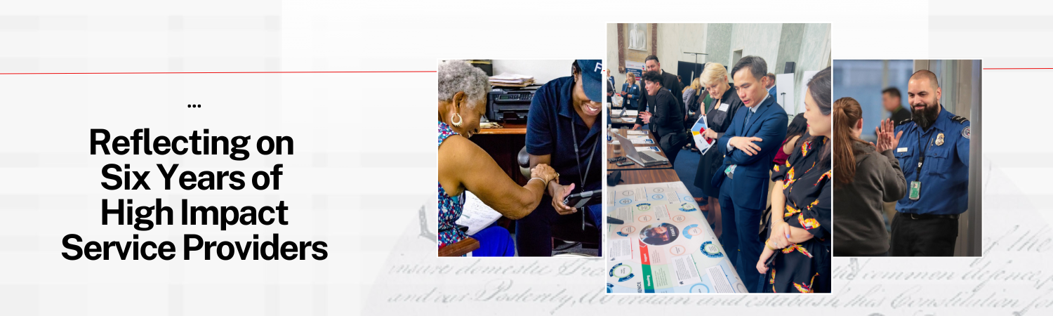 Images of FEMA responder engaging with a disaster survivor, Federal Customer Experience team at a Demonstration Day on the Hill, and a TSA agent engaging with a passenger